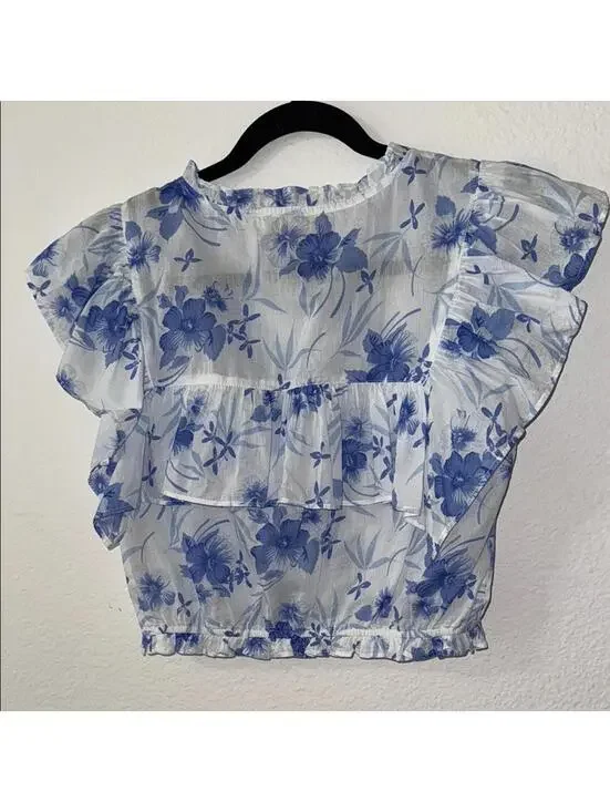 LoveShackFancy Blue and White Flutter Sleeve Cropped Blouse - Picture 3 of 3